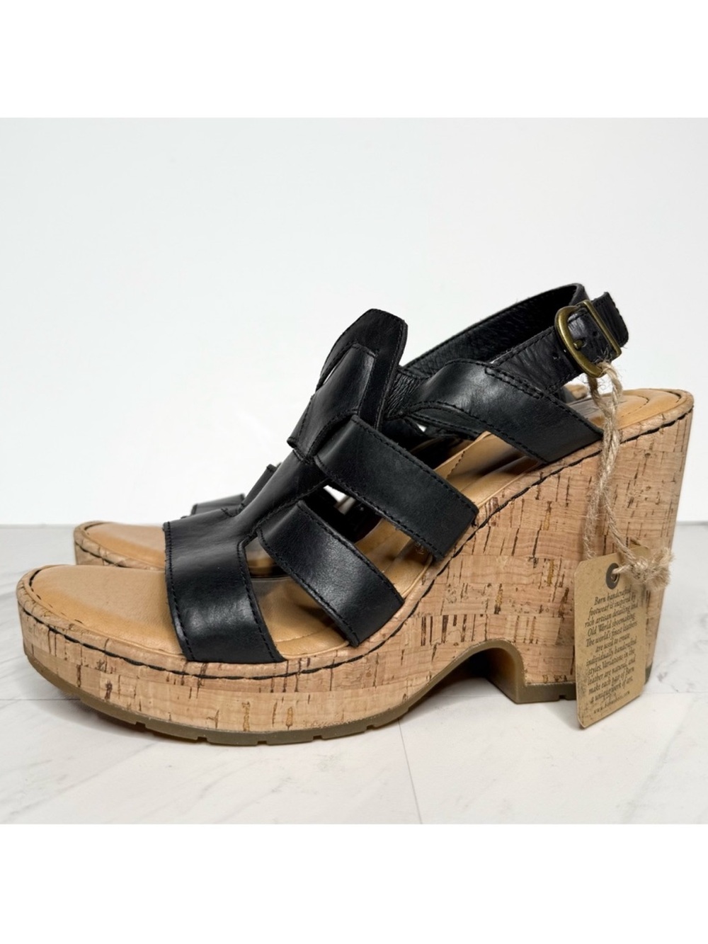 New! Born Bernese Black Leather Cork Heeled Sandal 10M